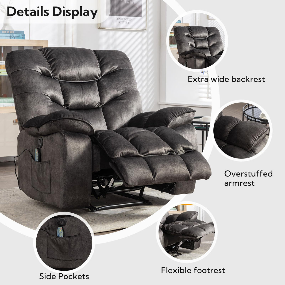 HAOMARKETS Oversized Power Recliner Chair with Massage and Heat, 41" Wide Electric Reclining Chairs with USB Port, Breathable Fabric Overstuffed Reclining Sofa for Living Room Bedroom HAOMARKETS