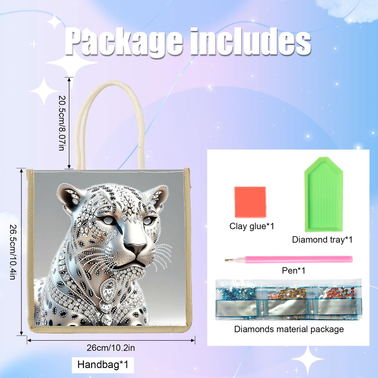 MVVMTOP Diamond Painting Kit Handbag, 5D DIY Leopard Pattern Diamond Art Crystal Special Shape Crystal Artificial Canvas Bag, Shopping Storage Tote Gift Large Storage Bag MVVMTOP