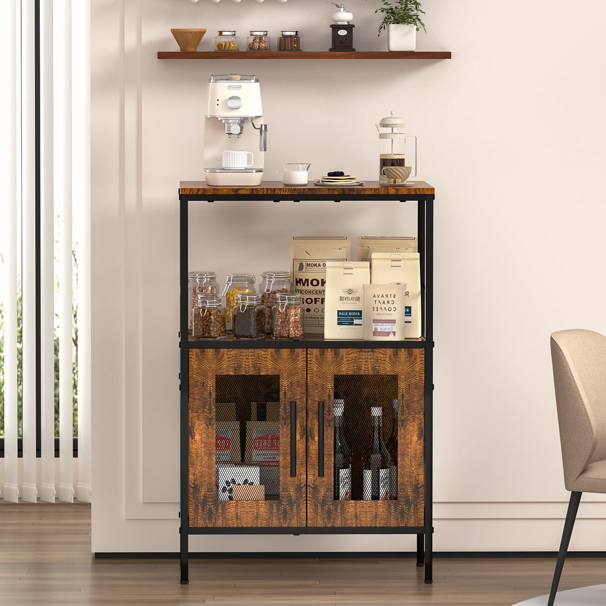 X-cosrack Buffets Coffee Bar Station, 3-Tier Small Coffee Stand Station with Storage, Farmhouse-Style Microwave Cart Featuring 2-Door Cabinet Ideal for Living Room, Entryway, Sideboards X-cosrack