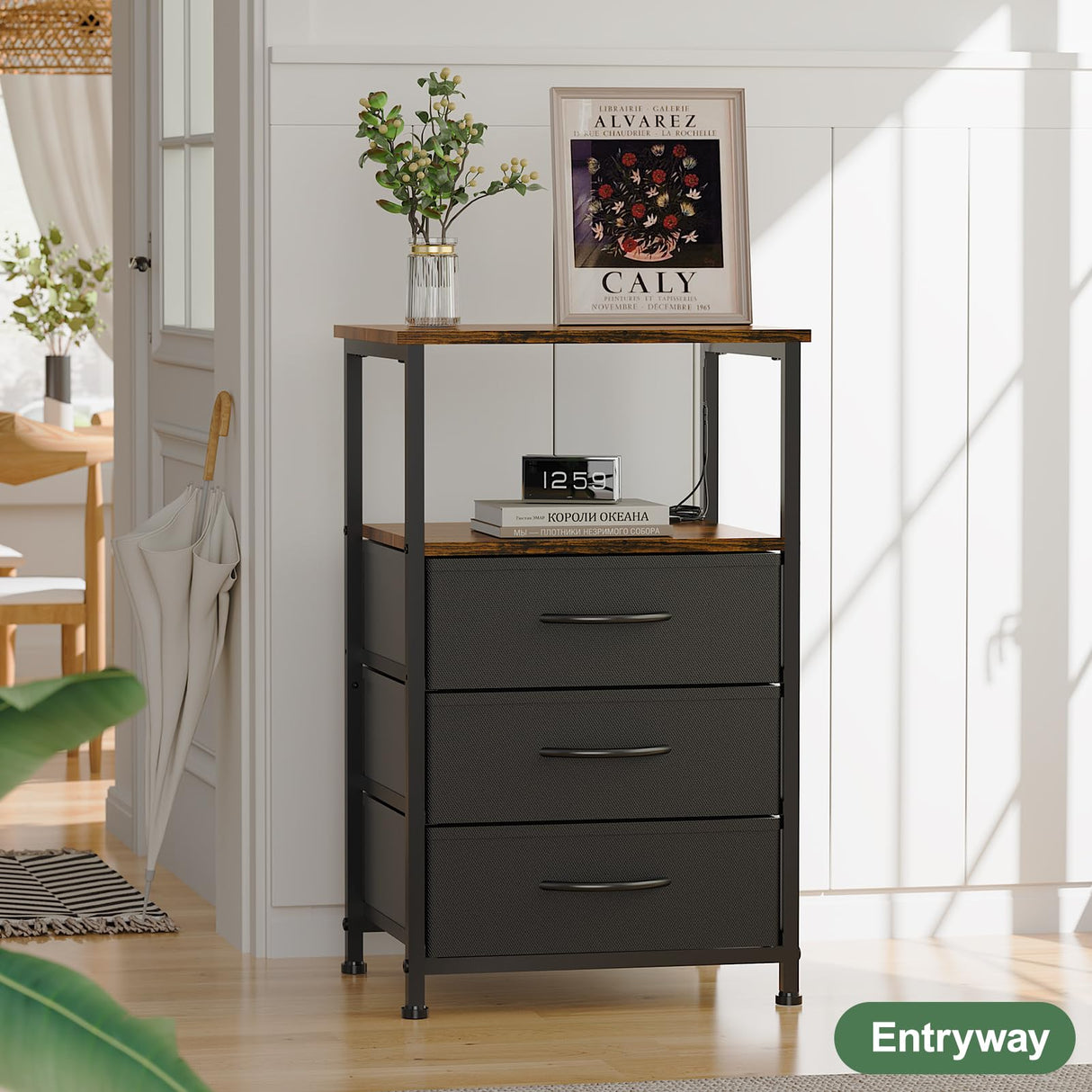 Dicasser Nightstand with Drawers, Bedside Table with Open Shelf, Nightstand with LED, Small Side Table for Small Spaces, Night Stand Storage Shelf for Bedroom, Brown and Black Dicasser