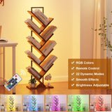 Qupui Tree Bookshelf with LED Lights, 9 Tier Floor Standing Bookcase, Classical Corner Bookshelf Kids Bookshelf, Tall Bookshelf, Wood Book Shelf for Bedroom, Living Room, Home Office, Brown Qupui
