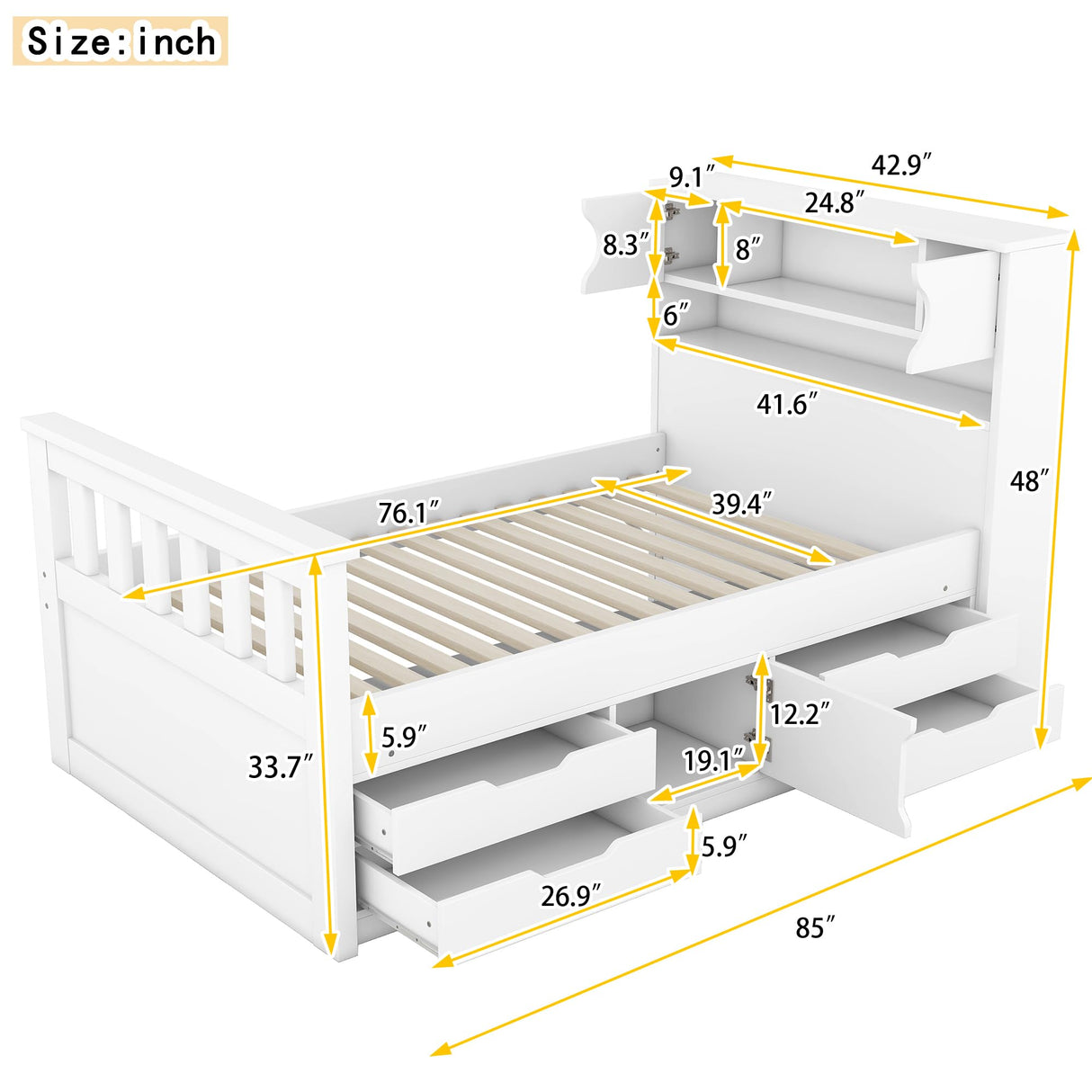 Modern Twin Size Captain Bed with Storage Headboard and 4 Drawers in White by XD Designs XD Designs