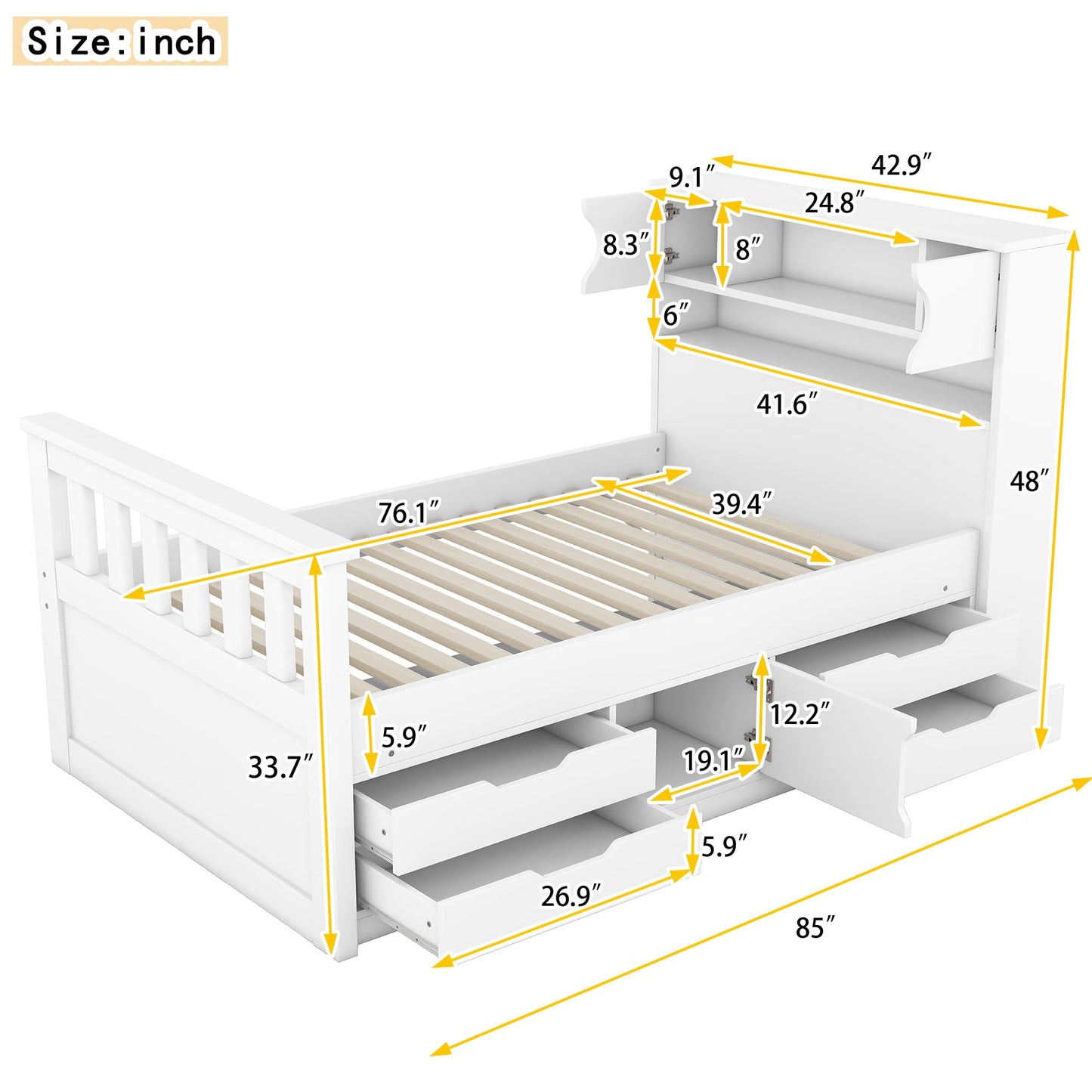 Modern Twin Size Captain Bed with Storage Headboard and 4 Drawers in White by XD Designs - WoodArtSupply