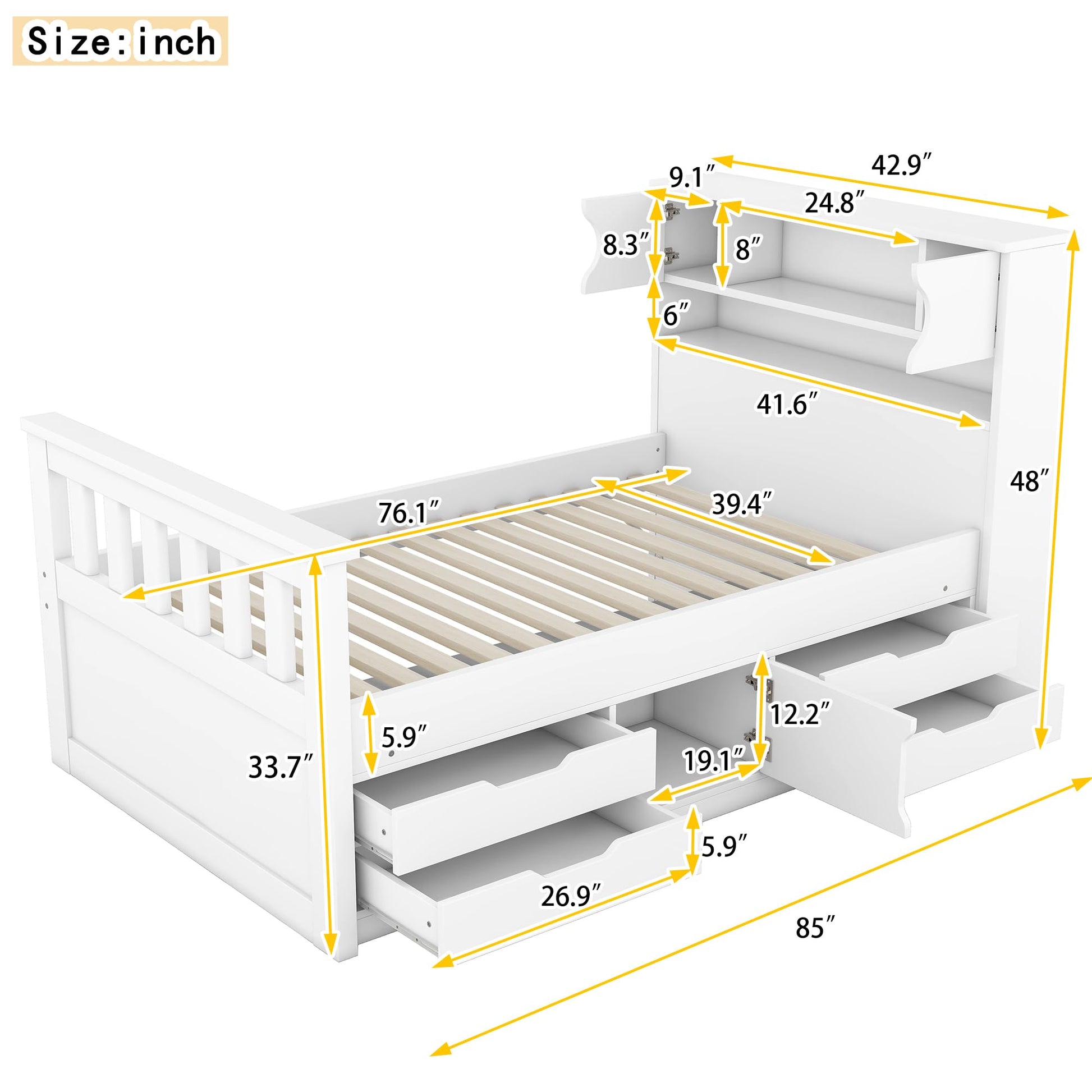 Modern Twin Size Captain Bed with Storage Headboard and 4 Drawers in White by XD Designs - WoodArtSupply