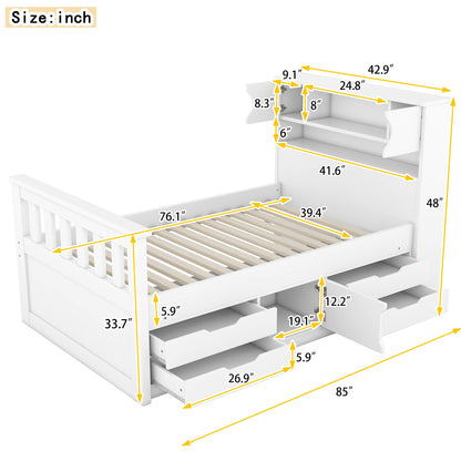 Modern Twin Size Captain Bed with Storage Headboard and 4 Drawers in White by XD Designs - WoodArtSupply