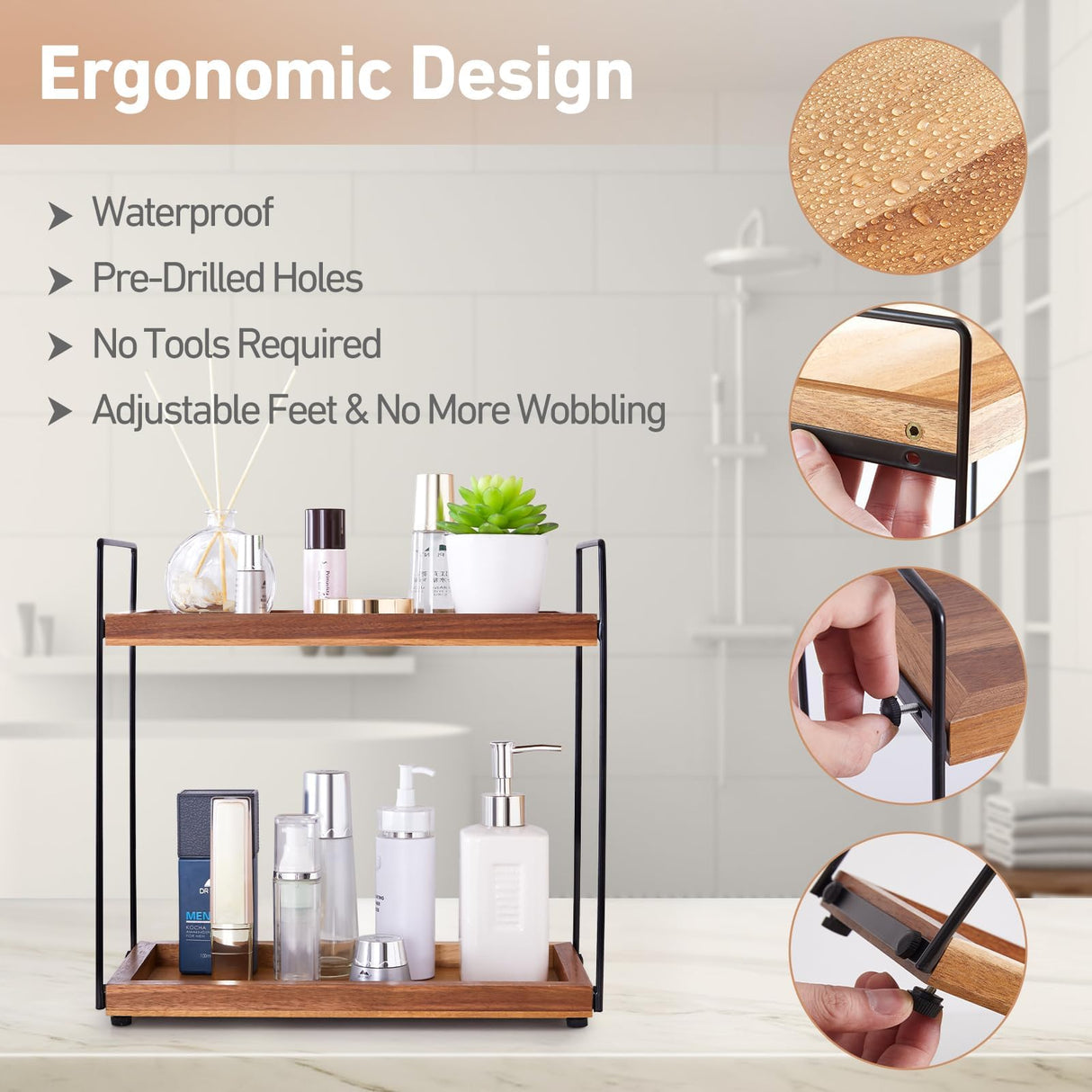 Bathroom Counter Organizer Countertop Storage - 2 Tier Bathroom Countertop Organizers Coffee Bar Organization Acacia Wood Counter Top Organizer Kitchen Spice Rack Vanity Shelf Toilet Vanity Organizers NICEPRING