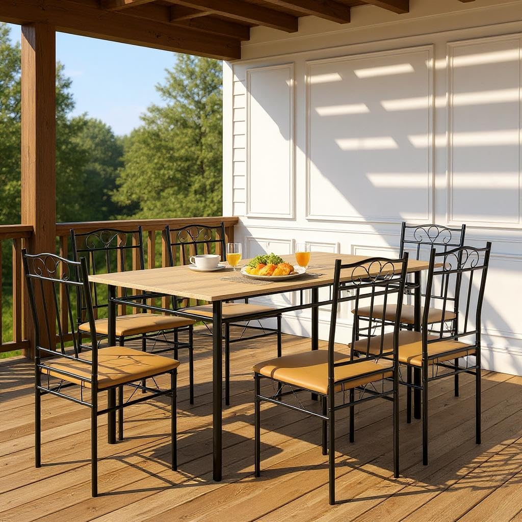 Homy Casa Outdoor Patio Dining Set, 7-Piece Table & Chairs, Wood Grain Top & Metal Frame, Ideal for Deck, Garden & Balcony Gatherings Homy Casa