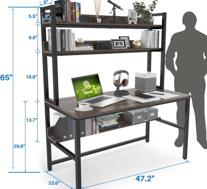 Aquzee Grey Desk with Hutch and Open Bookshelves for Organised Storage - WoodArtSupply