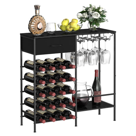 MOOACE Wine Rack Freestanding Floor, Wine Bar Cabinet with Wine Storage and Glass Holder, Mini Home Bar for Liquor Cabinet, Coffee Bar Storage for Kitchen, Dining Room, Living Room, Black MOOACE
