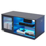 Lvifur 43'' Coffee Table with LED Lights & Charging Station, 3 Color Dimmable Auto Sensor Dining Table with 2 Storage Shelf and 1 Drawer,Farmhouse Center Table for Living Room(Black) Lvifur