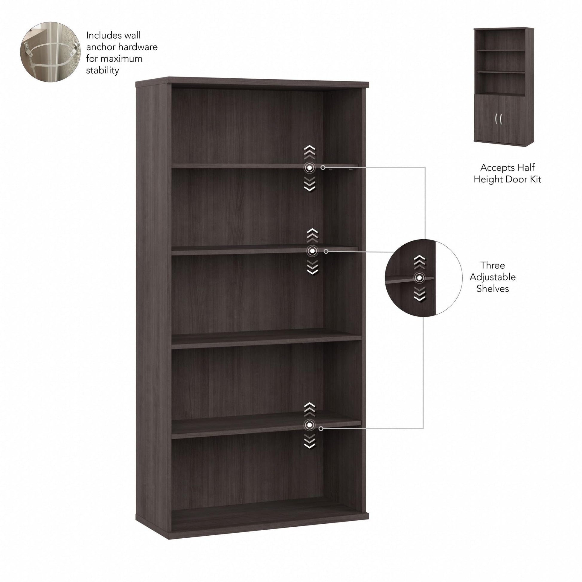 Studio C Tall 5 Shelf Bookcase in Storm Gray – Elegant Storage Solution for Home and Office - WoodArtSupply