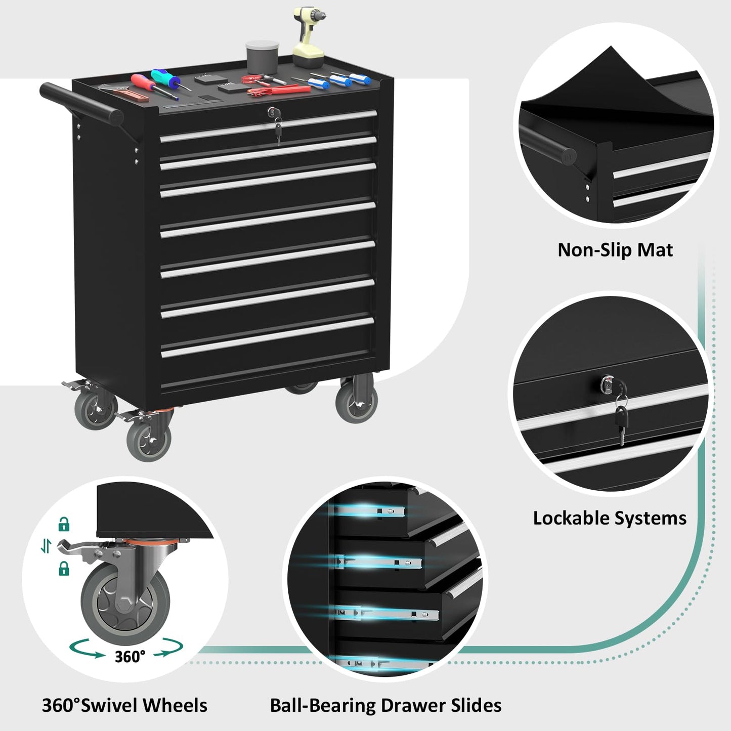 DUSACOM 7-Drawer Rolling Tool Chest Toolbox, Rolling Tool Box with Wheels, Tool Chest with Keyed Locking System and Drawer Liners, Tool Box Organizer for Garage, Warehouse, Workshop(Black) - WoodArtSupply