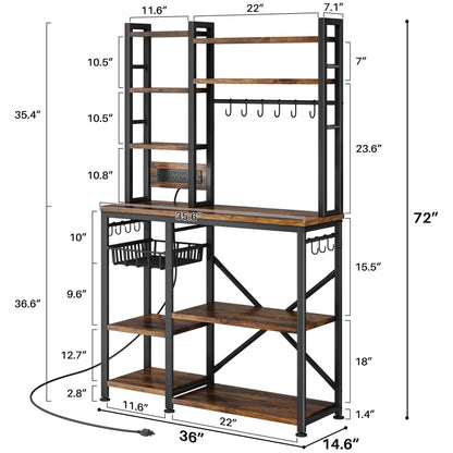 Baker Rack with Power Outlet - Microwave Stand with Storage, Large Coffee Bar Station with 14 Hooks, Metal Kitchen Shelf Rack for Spices, Pots, Rustic Brown and Black