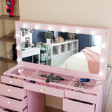 Boahaus Orla Extra-Large Makeup Vanity Desk with Hollywood Lights, 11 Drawers, Hair Dryer Hanger, USB Type-C & Type-A, Power Outlet for Beauty Tools, Glass Top, Crystal Knobs – Premium Pink Finish Boahaus