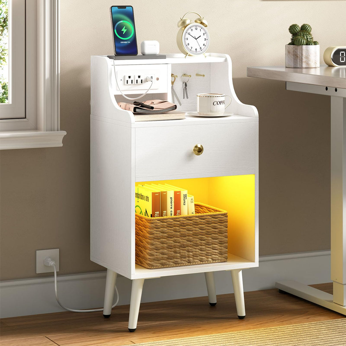 HOOBRO Nightstand with Charging Station and LED Light, Bedside Table with Fabric Drawer, End Table with USB Ports & Outlets, Modern Side Table, Sofa Table for Bedroom, White WT188UDBZ01 HOOBRO