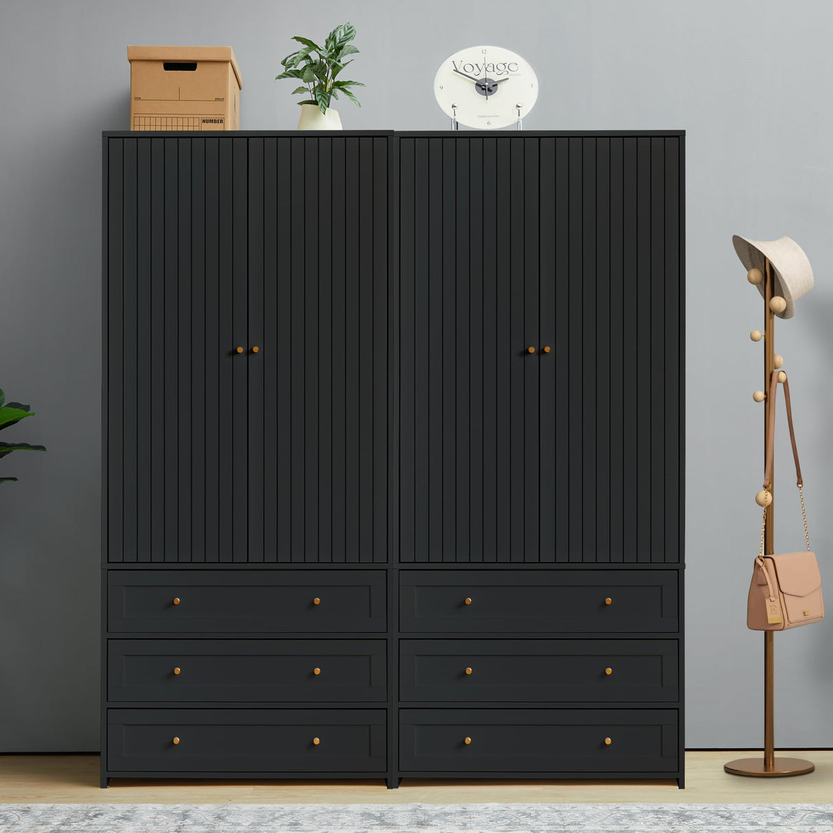 YZRSTY Armoire Wardrobe Closet with 4 Doors and 6 Drawers, 70.87" Tall Wooden Clothes Closet Wardrobe Cabinet, Freestanding Bedroom Storage Armoire for Hanging Clothes, 2-Piece (Black) YZRSTY