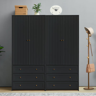 YZRSTY Armoire Wardrobe Closet with 4 Doors and 6 Drawers, 70.87" Tall Wooden Clothes Closet Wardrobe Cabinet, Freestanding Bedroom Storage Armoire for Hanging Clothes, 2-Piece (Black)