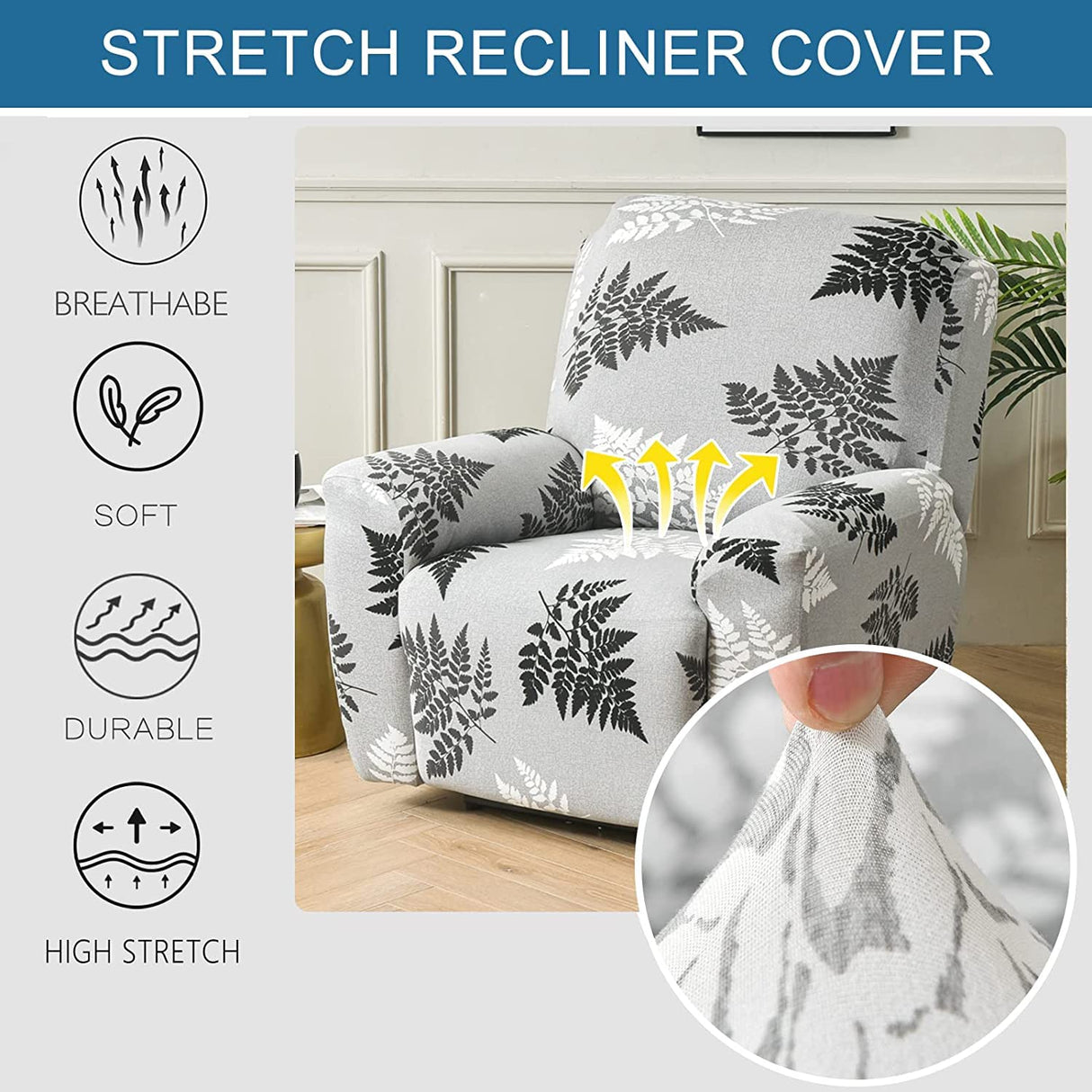 CHNSHOME Recliner Chair Covers, 4-Piece Stretchy Slipcover with Remote Control Pocket, Black and White Leaves Pattern, Traditional Style CHNSHOME