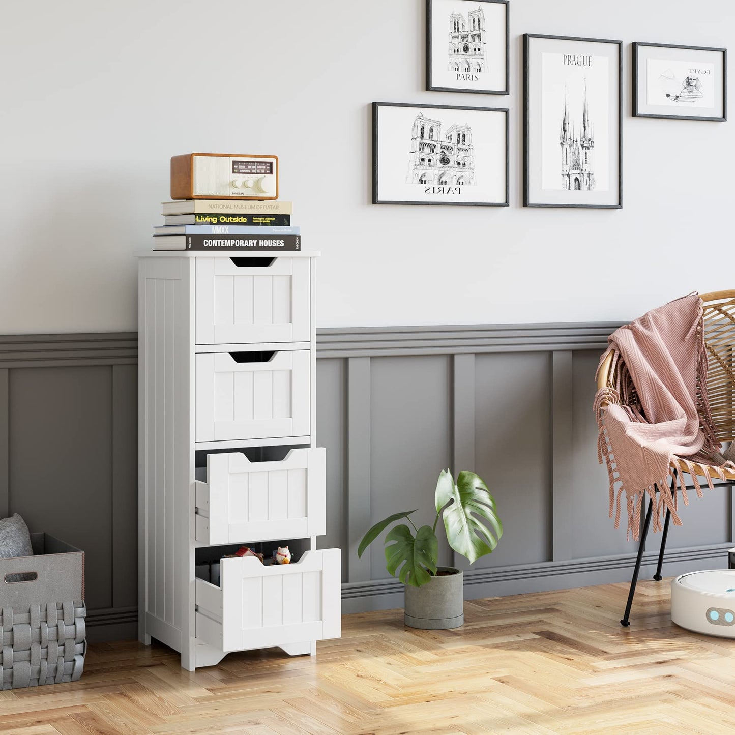 FOTOSOK Freestanding Bathroom Storage Cabinet with 4 Drawers - Compact White Organiser for Home Decor - WoodArtSupply