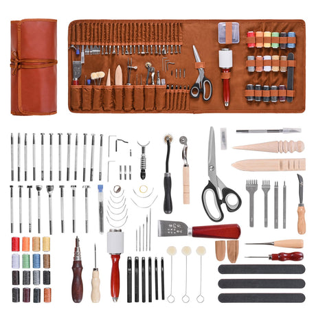 VEVOR Leather Working Tools Kit, 92 PCS Leather Craft Tools with Portable Leather Storage Bag, Engraving Punching Sewing Stamping Sanding Tools, Ideal for Beginners DIY Enthusiasts and Professionals VEVOR