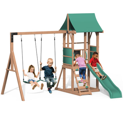 All Spruce Wooden Swing Sets for Backyard for Kids 3-12, Swingset Outdoor for Kids, Outdoor Kids Swing Sets for Backyard with 2 Belt Swings, Slide, Climber, Sandbox Area, Blackboard, Play Deck