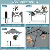 SUNJOY 5 x 8 ft. Grill Gazebo Pop Up Double Tiered Outdoor Gazebo Standing-Height Canopy with Magnetic LED Light, Adjustable Ceiling Height, for BBQ,Picnics, Outdoor Events, Gray Sunjoy