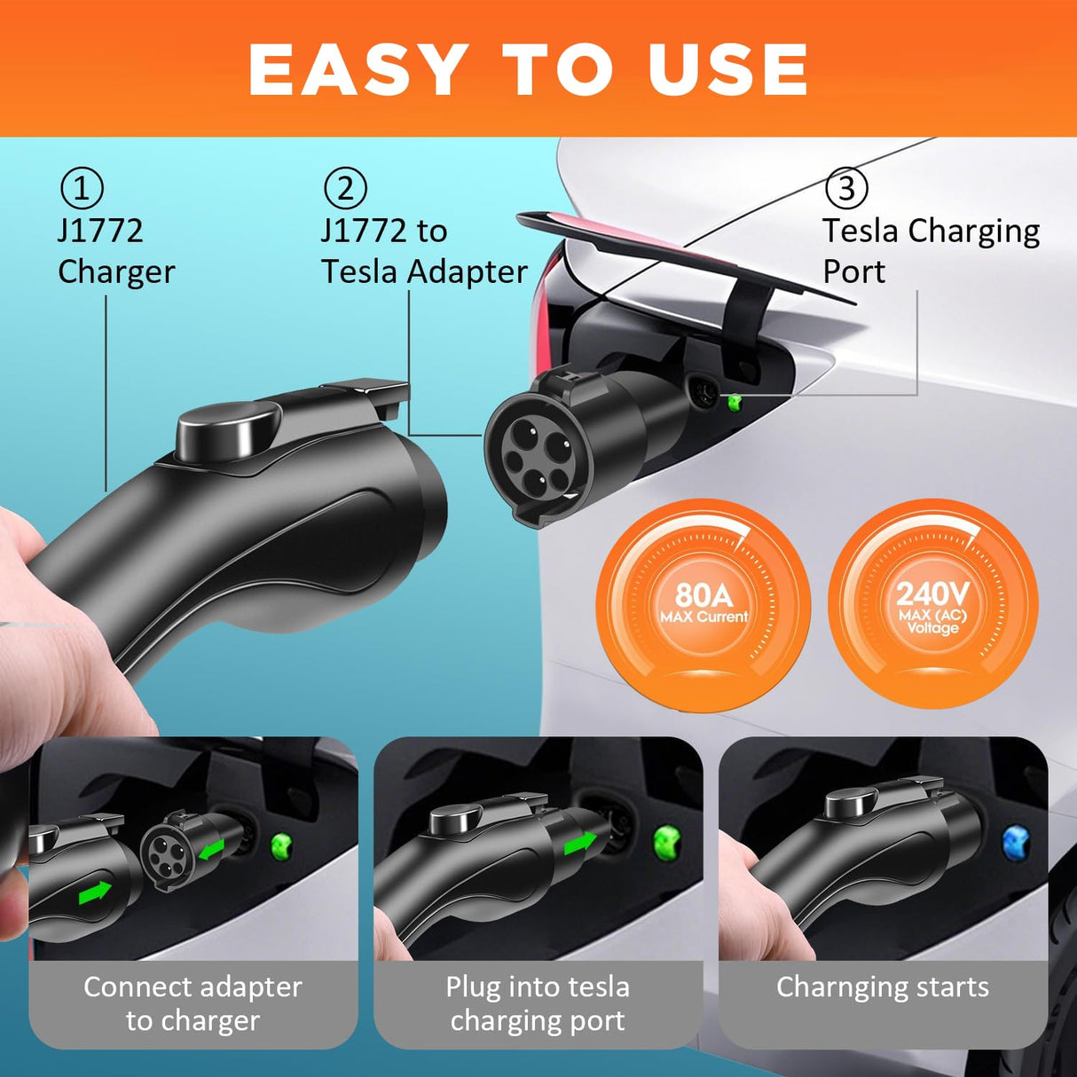 J1772 to Tesla Charger Adapter, [80Amp 240v AC], EV Charging Adapter Compatible with Tesla Model S/3/X/Y/Cybertruck, Mobile EV Adapter for Tesla Charger with Fast Charging [Only for Tesla Car] MUETUX