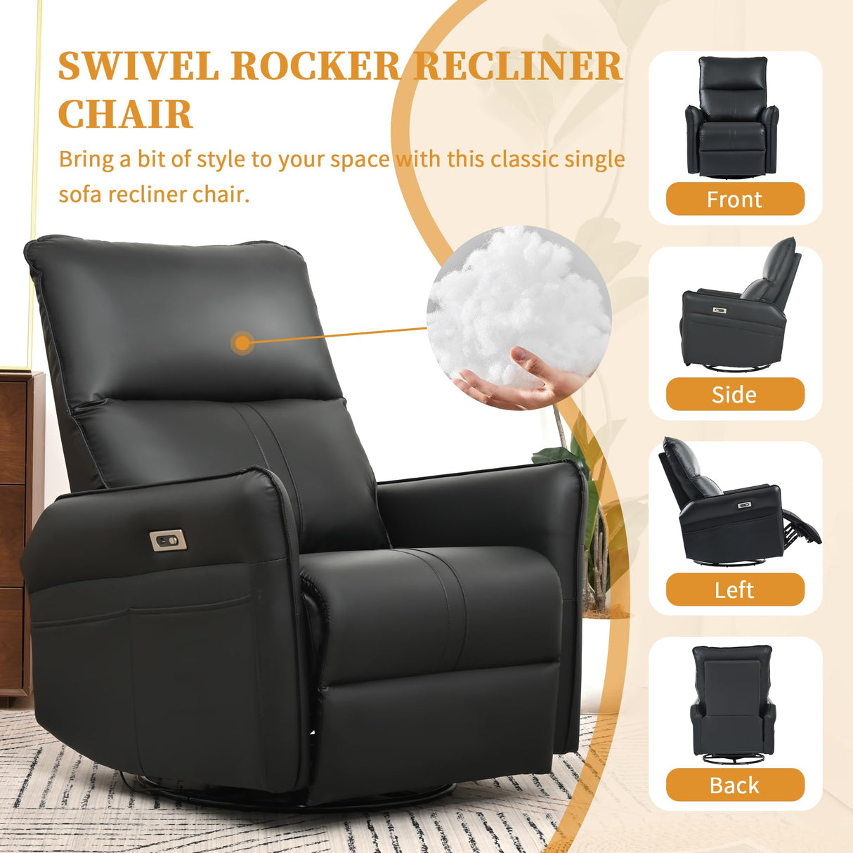 QKFF Power Swivel Rocker Recliner Chair for Nursery, Upholstered 270° Swivel Glider Chair with USB Ports, Power Recliners for Small Spaces Living Room QKFF