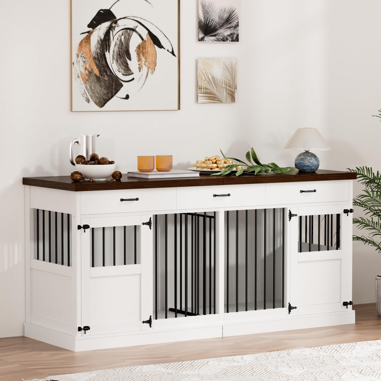 71" Dog Crate Furniture, Large Wood Double Dog Kennel Furniture with 3 Drawers, Crate Furniture Large Breed, Crates for 2 Dogs Furniture - White NBEETISM