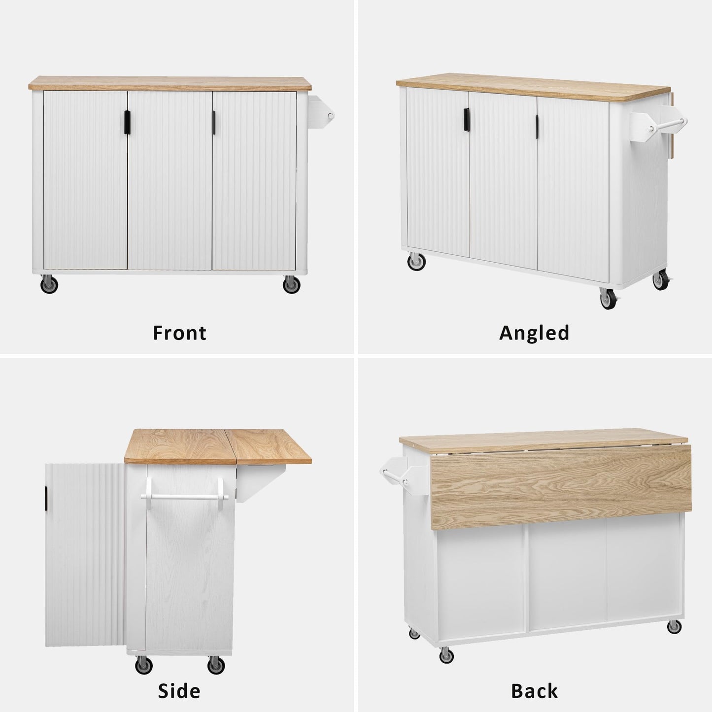 Yayzy 51”W Farmhouse Rolling Kitchen Island with Drop-Leaf Table, Grooved Panel Design, Kitchen Island Cart with Storage Shelves, Towel Rack & Wheels, White Ash