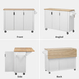 Yayzy 51”W Farmhouse Rolling Kitchen Island with Drop-Leaf Table, Grooved Panel Design, Kitchen Island Cart with Storage Shelves, Towel Rack & Wheels, White Ash Yayzy