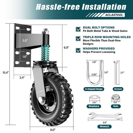 Aclastool Gate Wheel, 8 Inch Spring-Loaded Heavy Duty Caster for Metal Tube & Wooden Gates, 700 lbs Capacity, Black, 2 Pack Aclastool