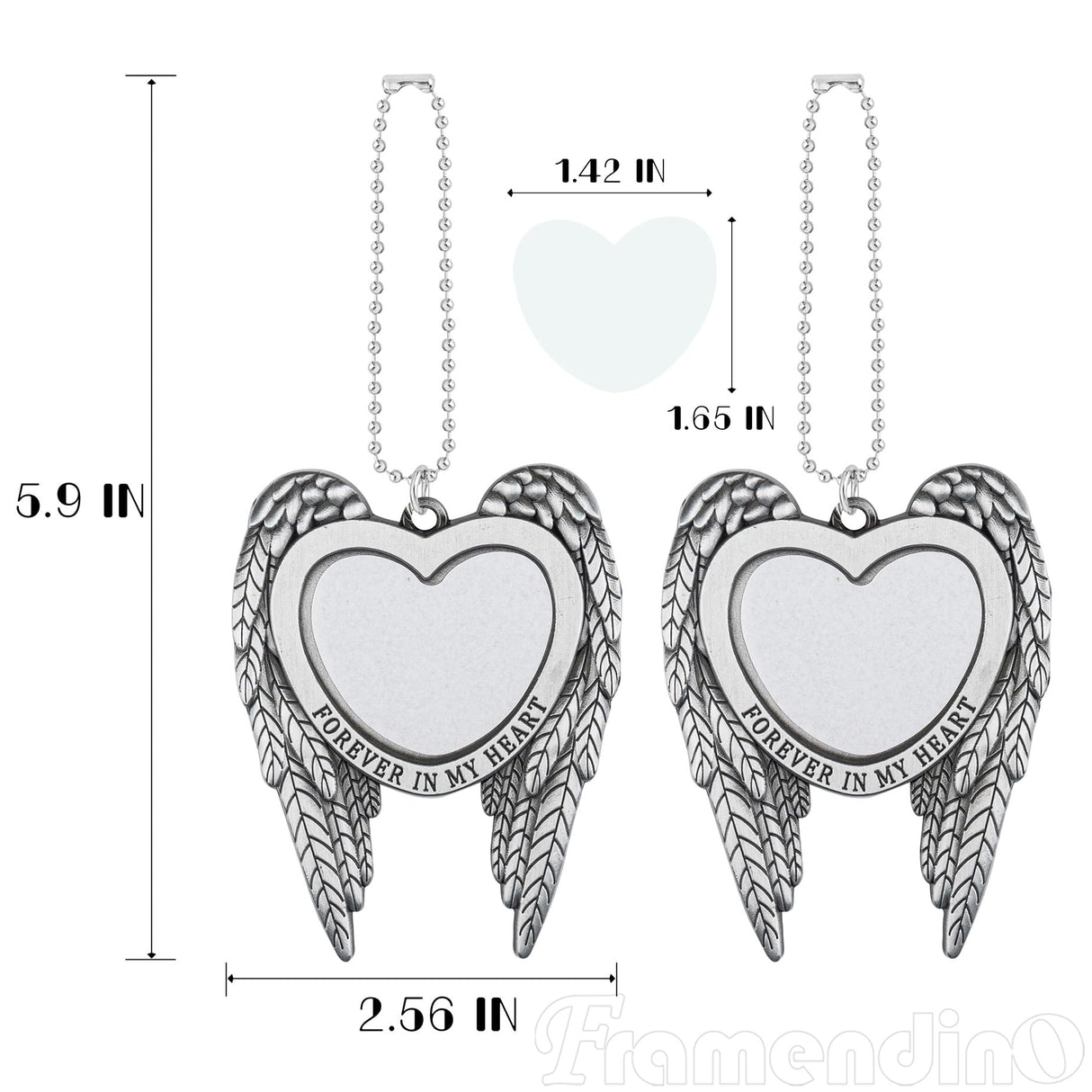 Framendino, 4 Pack Silver Angel Wing Pendant Love Heart Personalized Car Hanging Ornament with Sublimation Blank Heat Transfer Photo for Home Window Framendino