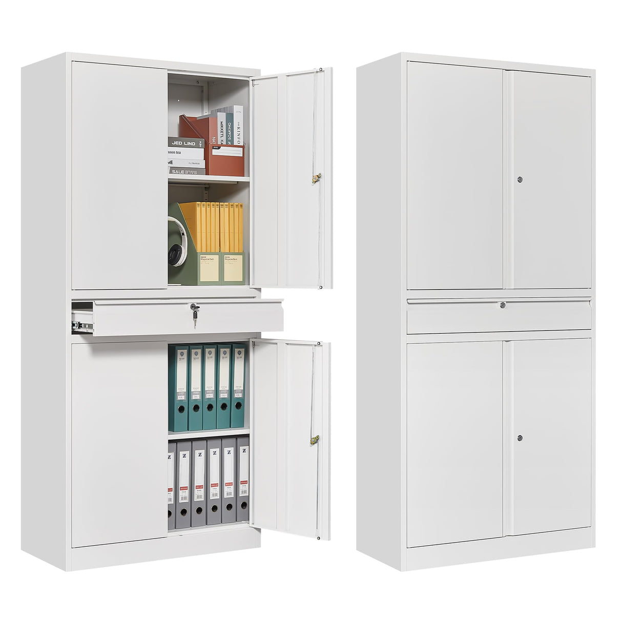 NODHM Inches Metal Storage Cabinet with Wheels, 72" Garage Storage Cabinet with Locking Draw and Adjustable Shelf, Tool Storage Cabinet for Garage, Home, Office, Gym, School (White, No Wheel) NODHM