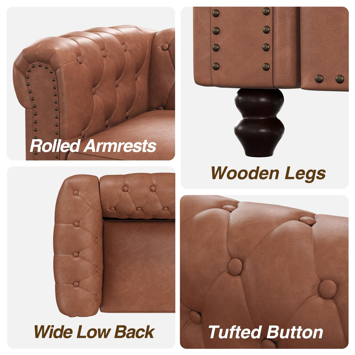 FiveWillowise 72 Inch Brown Couch, Chesterfield Faux Leather Sofa with Wooden Legs, Vintage Tufted Sofa with Rolled Arms, Mid Century Modern Couch with Rivets for Living Room, Apartment, Office FiveWillowise
