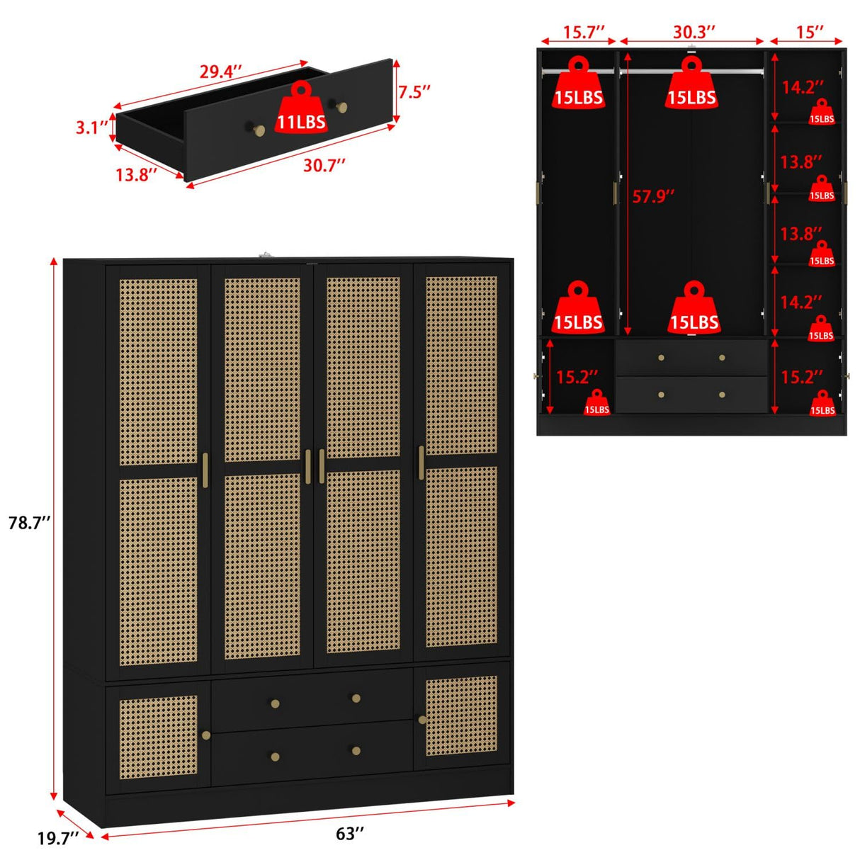 MOUMON 4 Door Rattan Wardrobe Armoire Closet with Hanging Rod and Drawers, Clothes Wardrobe with Rattan Doors, Rustic Wardrobe with Shelves for Bedroom, Black and Natural, 19.6”D x 63”W x 78.7”H MOUMON