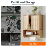 HOOBRO Fluted Bathroom Wall Cabinet, Farmhouse Medicine Cabinet with 2 Fluted Doors, Wall Storage Shelf with Towel Rack, Adjustable Shelf, for Small Spaces, Bathroom, Kitchen, Natural HOOBRO