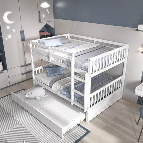 Giantex Full Over Full Bunk Bed with Trundle, Solid Wood Trundle Bed Frame w/Guardrails and Ladder, Convertible to 2 Beds, Full Size Bunk Beds for Adults Kids Teens, No Box Spring Needed, White Giantex