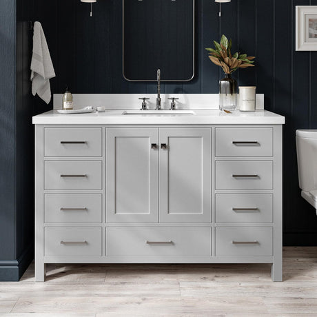 ARIEL Cambridge 55" Grey Bathroom Vanity with Sink, 1.5" Edge Pure White Quartz Countertop & Backsplash, Center Rectangular Sink, 2 Soft Closing Doors, 9 Full Extension Dovetail Drawers ARIEL