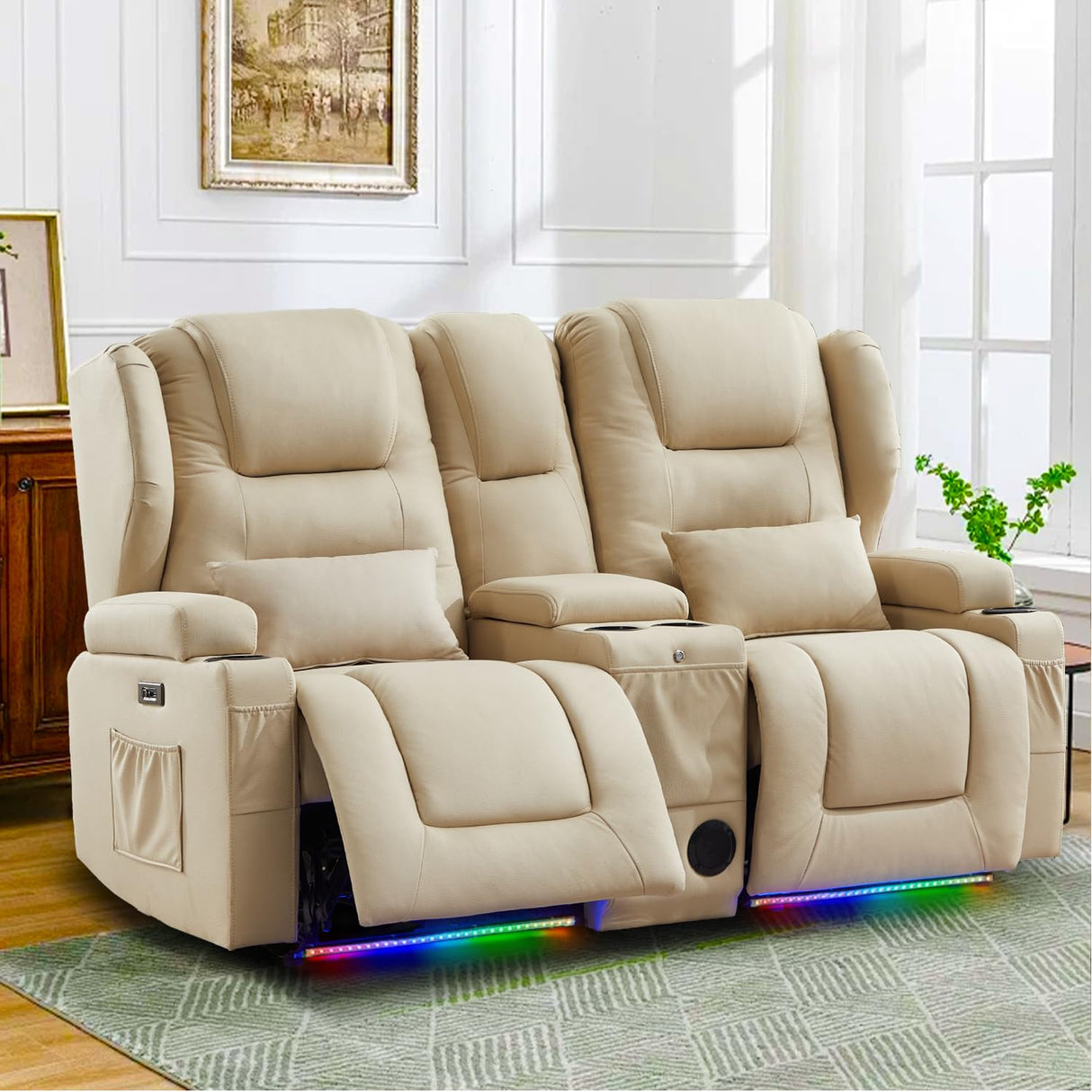 Oprisen 2-Seater Power Loveseat Recliner Electric Reclining Sofa Couch Wall Hugger Recliner Home Theater Seating w/Multi-Function Console/Cup Holders/LED Ambient Light Oprisen