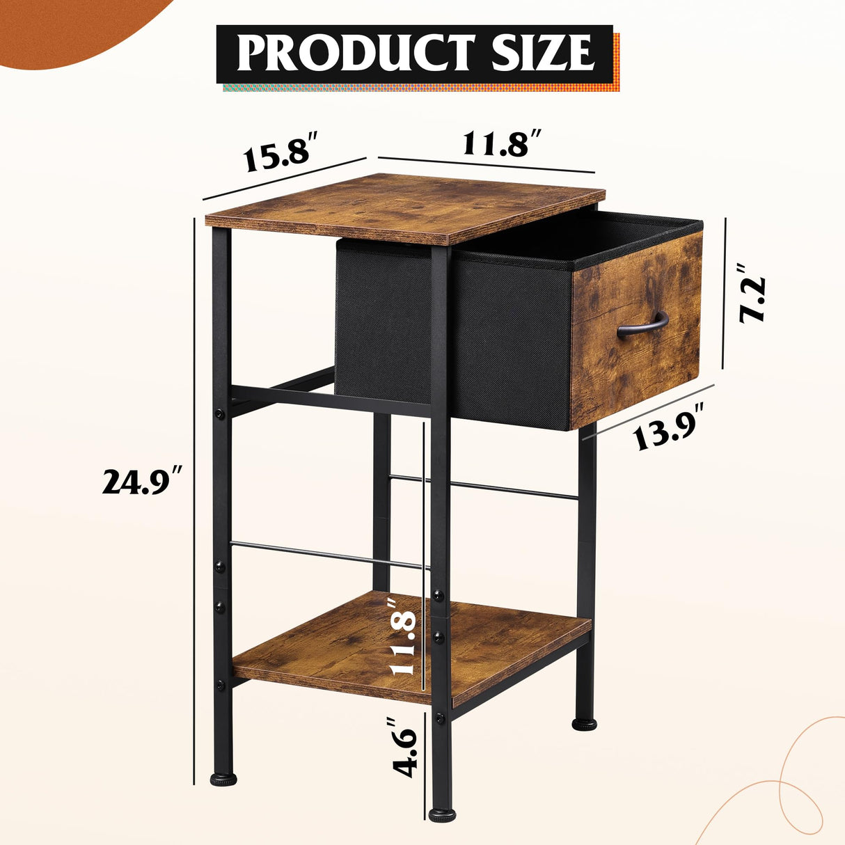 WLIVE Nightstand Set of 2, End Table with Fabric Storage Drawer and Open Wood Shelf, Bedside Furniture with Steel Frame, Side Table for Bedroom, Dorm, Rustic Brown Wood Grain Print, 24.9" Height WLIVE