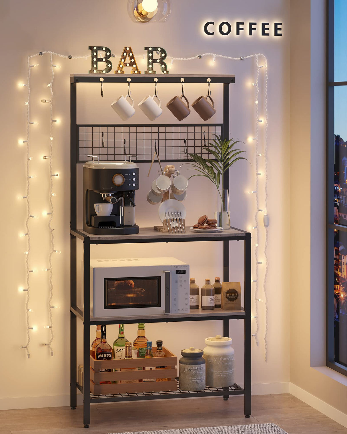 VASAGLE Bakers Rack, Coffee Bar, Kitchen Storage Shelf Rack with 10 Hooks, 3 Shelves, Adjustable Feet, for Microwave Oven, 15.7 x 33.1 x 66.9 Inches, Industrial, Greige and Black UKKS017B02 VASAGLE