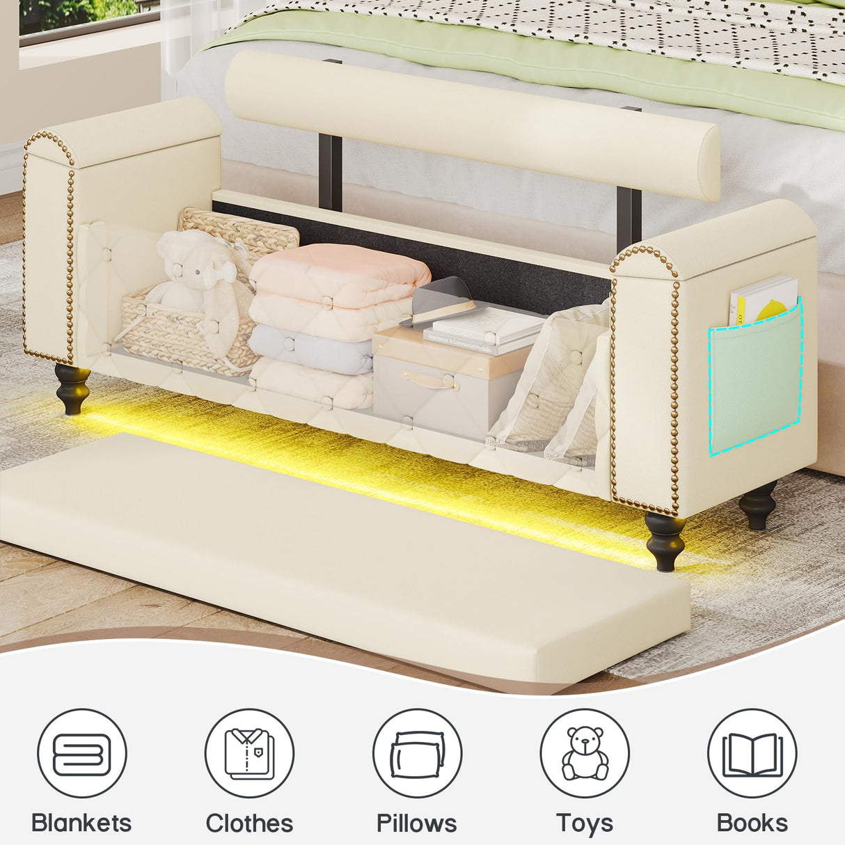 51" Ottoman with Storage, Storage Ottoman Bench with Upholstered Backrest, Tufted Entryway Bench with Curved Arm Support, End of Bed Bench with LED Lights, Storage Bench for Bedroom,Living Room,Beige Tagafi
