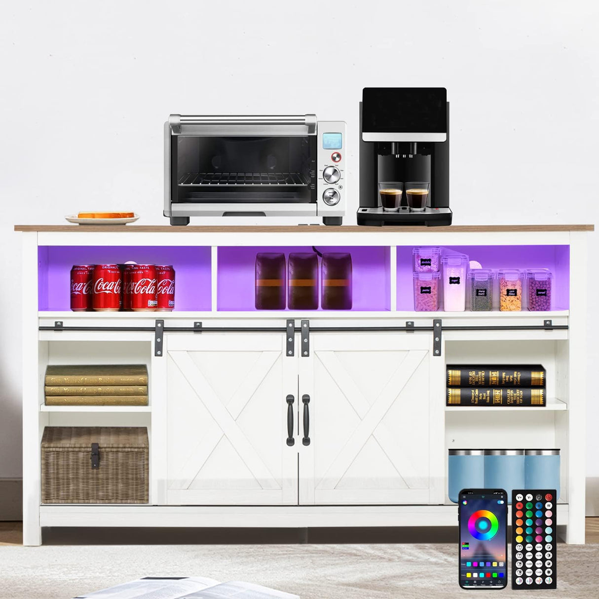 Vinctik 6&Fox 57In Wooden Farmhouse Entertainment Center for 60/65 inch TV,Double Layer Storage Farmhouse TV Stand,Double-Row Sockets with Wood Sliding Barn Door TV Stand(Double Layer White) Vinctik 6&Fox