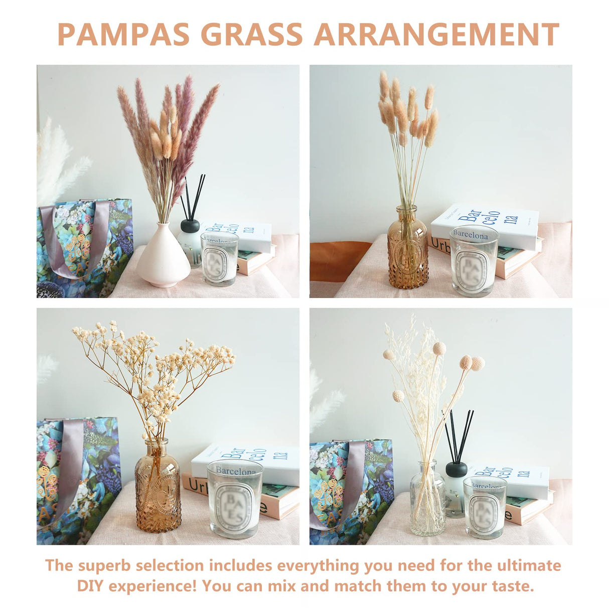 Total 104 pcs /11 Various Dried Pampas Grass Décor, White Pompous Grass, Bunny Tails Dried Flowers Reed Grass, 17 inch Pompass Grass for Flower Arrangements Boho Wedding Home Décor (Ivory White) Glamativity
