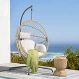 Patiorama Indoor Outdoor Egg Swing Chair with Stand, Oversized Cocoon-Shaped Rope Woven Hanging Chair, Cushion,Safety Strap,Patio Wicker Foldable Hammock Chair for Porch,Garden,Bedroom (Creamy White) Patiorama