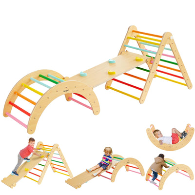 Beright 4 in 1 Pikler Triangle Set Upgraded, Foldable Toddler Climbing Toys Indoor Playground, Montessori Learning Toys, Kids Indoor Gym with with Arch, Ramp, Learning Waldorf Toy, Rainbow