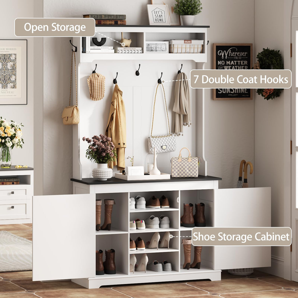 Maupvit Farmhouse Narrow Coat Rack with Shoe Storage, 12 Shoe Cubbies & 7 Coat Hooks, Entryway Furniture with Hall Tree, Ideal for hallways, Living Rooms and Mudrooms, White Maupvit