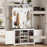 Maupvit Farmhouse Narrow Coat Rack with Shoe Storage, 12 Shoe Cubbies & 7 Coat Hooks, Entryway Furniture with Hall Tree, Ideal for hallways, Living Rooms and Mudrooms, White Maupvit