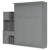 Merax Murphy Bed with Storage Cabinet, Wine Rack, Glass Holder, Drawers and Multi-Color LED Strip, Queen Size, Gray Merax
